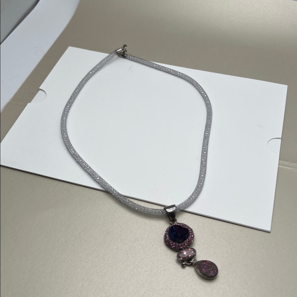 Elegant Drusy, Titanium & Rose Quartz Iridescent Crystal Mesh Tube Necklace NIB - Picture 17 of 17